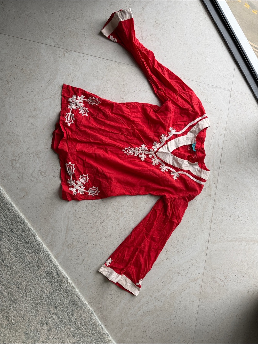 Red Embroidered V-Neck Tunic Top with Contrast Trim